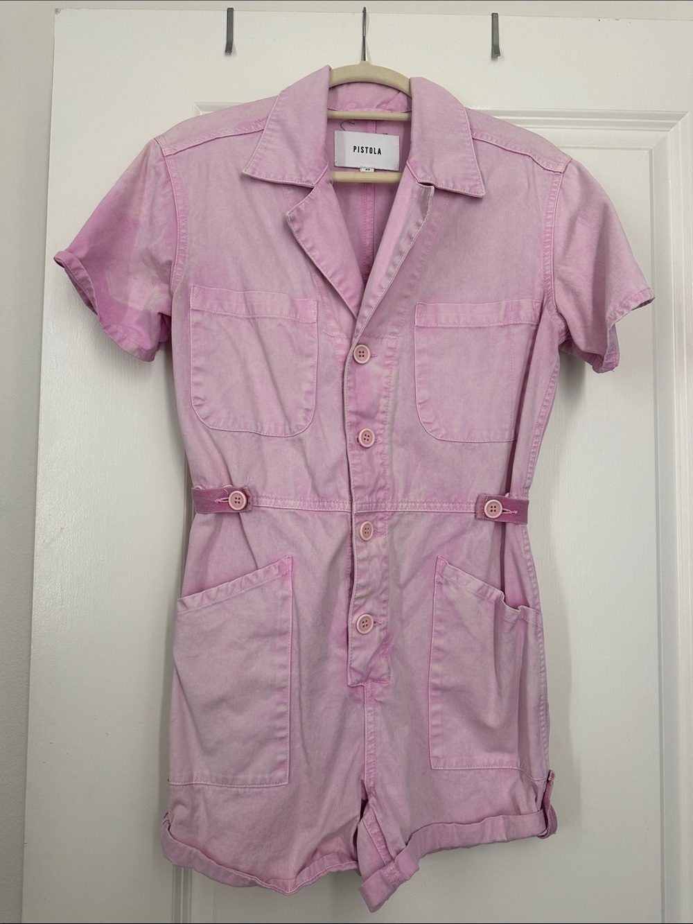 pistola Pink Short-Sleeve Button Romper